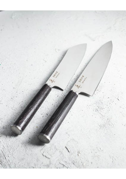 2'li Set - Gyutou Ve Eğri Santoku - Japon Tasarım Şef Bıçakları - Ahşap Sap Paslanmaz Çelik