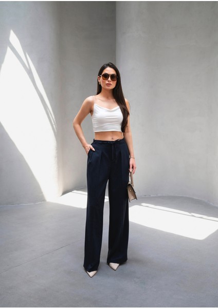 Kadın Beli Lastik ve Bağcıklı Geniş Paça Pantolon