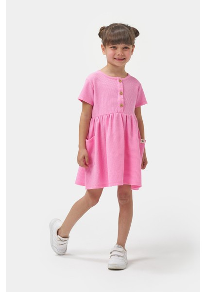 Kız Çocuk Cepli Yazlık Waffle Günlük Elbise