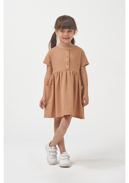 Kız Çocuk Cepli Yazlık Waffle Günlük Elbise