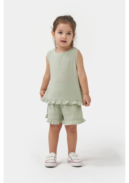 Kız Çocuk Arkası Fırfırlı Yazlık Müslin Ikili Takım