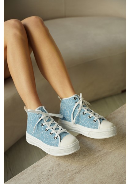 Kadın Sneaker Bağcıklı Bilekli Keten Nakışlı Spor Ayakkabı Havela