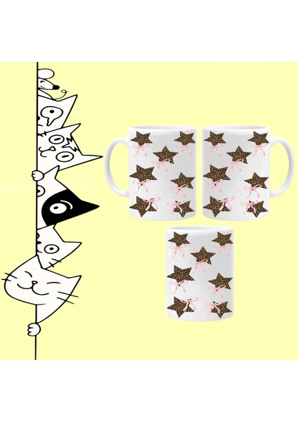 Star Yıldız Pembe Kurdele Rıbbon Pink Tasarım Full Baskılı Beyaz Kupa Bardak