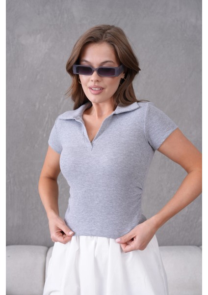 Polo Yaka Büzgü Detay Kısa Kol Slim Fit Kaşkorse Basic T-Shirt fırsatları