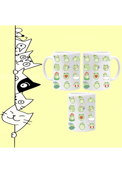 Sevimli Yeşil Kurbağa Frog Tasarım Full Baskılı Beyaz Kupa Bardak