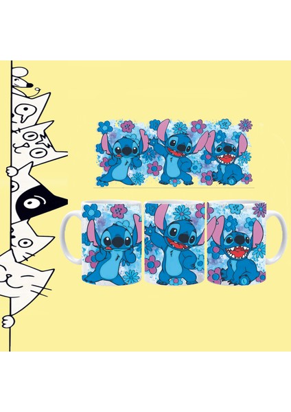 Çizgi Karakter Stıtch Anime Tasarım Full Baskılı Beyaz Kupa Bardak