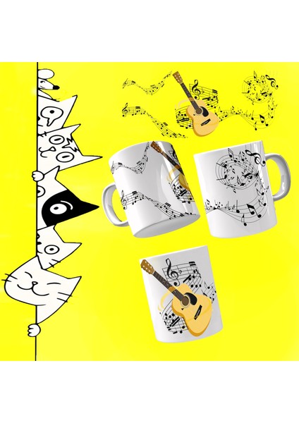 Gitar Müzik Sol Anahtar Nota Guıtar Melodi Tasarım Full Baskılı Beyaz Kupa Bardak