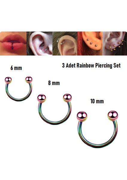 316L Cerrahi Çelik, 6 mm 8 mm 10 mm Çap, 3 mm Toplu, 3 Adet Rainbow Septum Piercing Set, Kaş, Dudak, Burun, Kulak Kullanımına Uygundur
