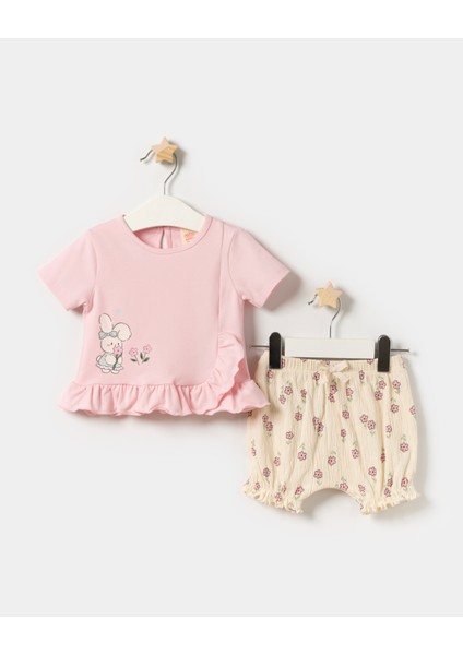 Kız Bebek T-Shirt Örme Müslin Şortlu Yazlık Ikili Takım