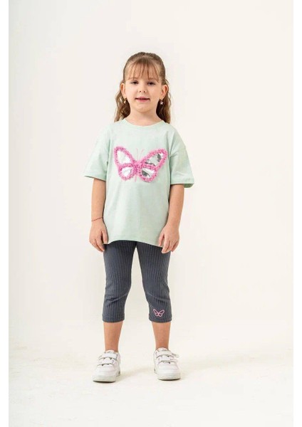 Püskül Detay Kelebek Baskı Parlak Gümüş Alt Fitilli Tayt Uzun Şort Kız Çocuk Alt Üst Takım