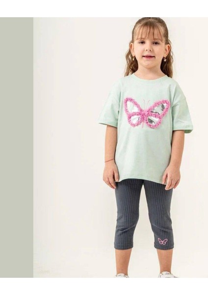 Püskül Detay Kelebek Baskı Parlak Gümüş Alt Fitilli Tayt Uzun Şort Kız Çocuk Alt Üst Takım modelleri