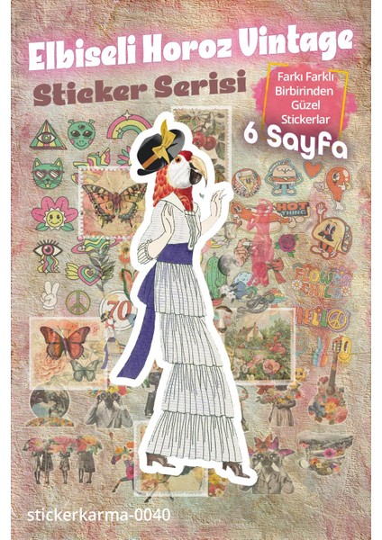Sticker Elbiseli Horoz Estetik Vintage - Retro Serisi 6 Sayfa