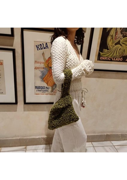 Yeşil Tasarım Örgü Omuz Çantası Kadın El Çantası