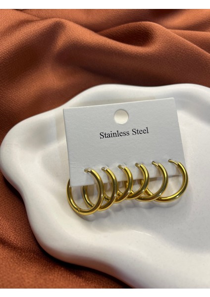 3'lü Paslanmaz Çelik Altın Renk Halka Küpe Seti -Suya Dayanıklı