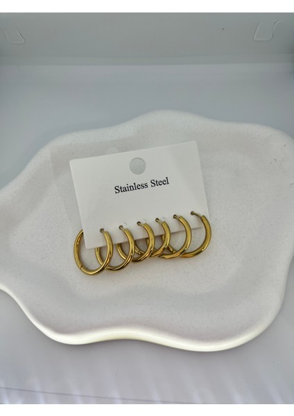 3'lü Paslanmaz Çelik Altın Renk Halka Küpe Seti -Suya Dayanıklı modelleri