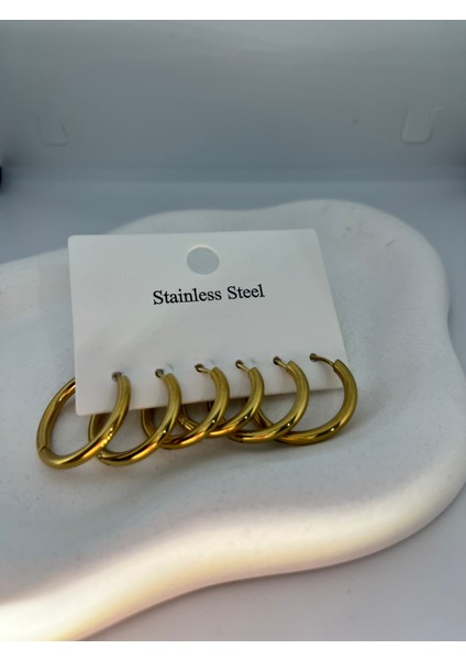 3'lü Paslanmaz Çelik Altın Renk Halka Küpe Seti -Suya Dayanıklı fırsatları