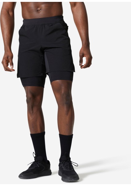 Domyos Erkek 2'Si 1 Arada Spor Şortu - Fermuarlı Cep - Siyah - 500