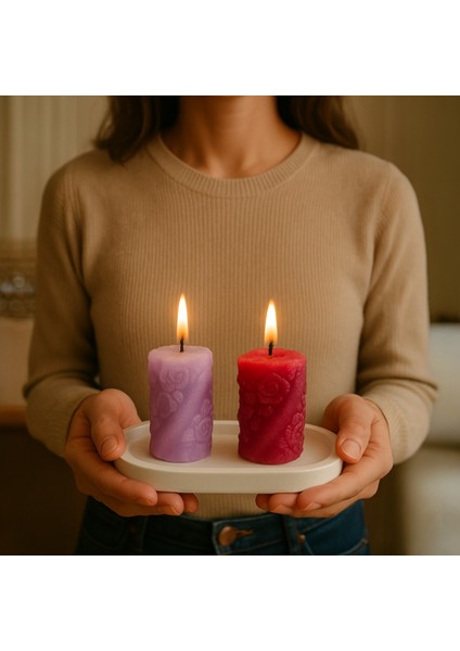 2’li Çiçek Kabartmalı Helazon Mum Seti ve Sunum Tabağı - 3 Parça