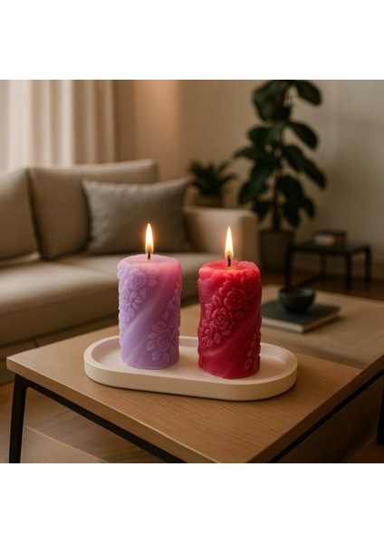 2’li Çiçek Kabartmalı Helazon Mum Seti ve Sunum Tabağı - 3 Parça