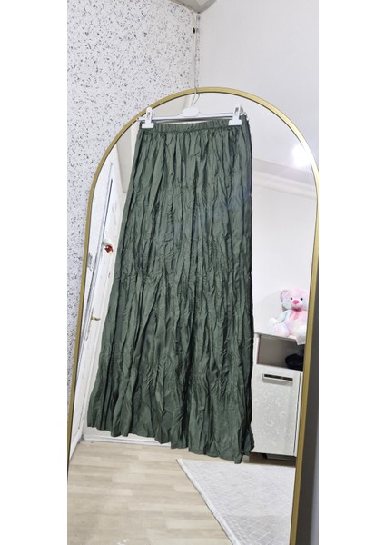 Kadın Pileli Kırışık Kumaş Maxi 100 cm Etek Kraş