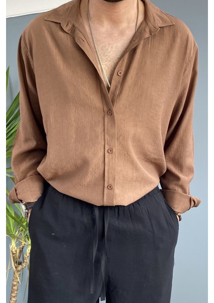 Krinkıl Kumaş Oversize Uzun Kol Gömlek