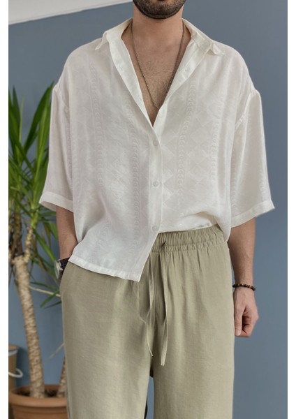 Nakışlı Oversize Asimetrik Kısa Kol Gömlek