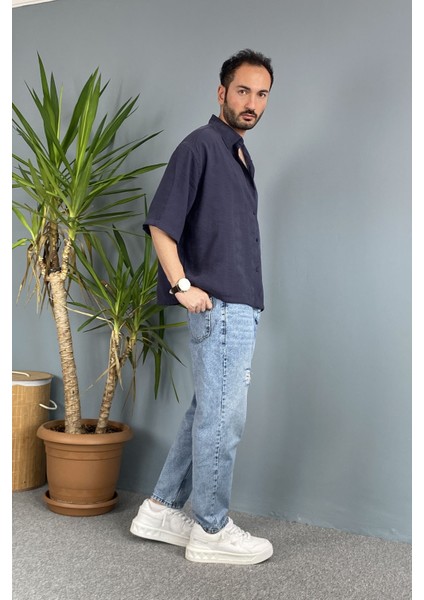Nakışlı Oversize Asimetrik Kısa Kol Gömlek