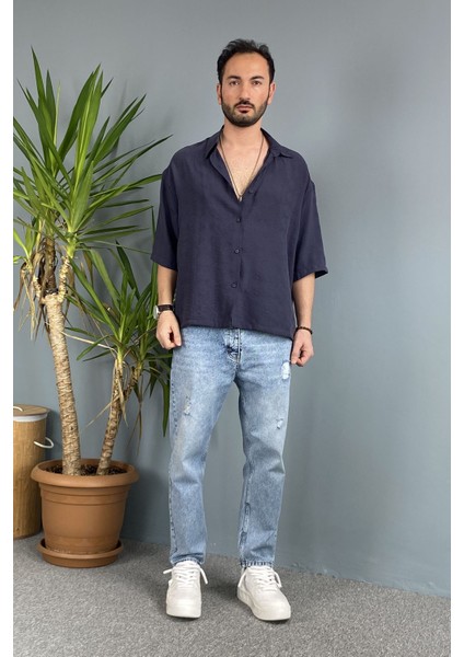 Nakışlı Oversize Asimetrik Kısa Kol Gömlek
