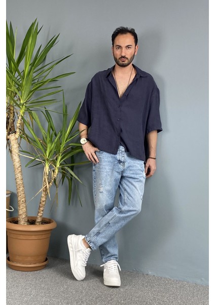 Nakışlı Oversize Asimetrik Kısa Kol Gömlek