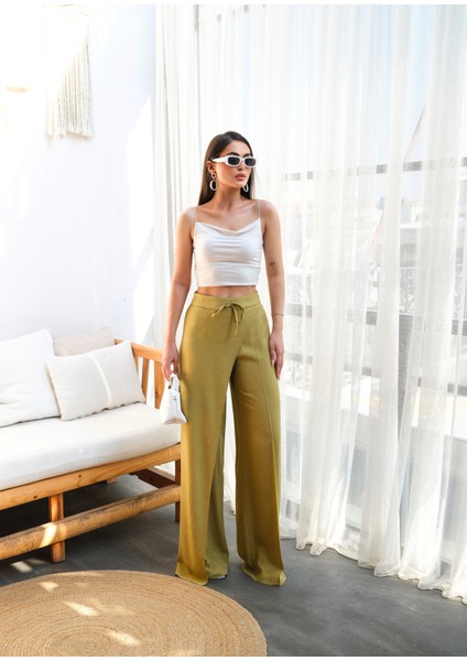 Kadın Önü Çapraz Parçalı Lastikli ve Bağcıklı Geniş Paça Keten Pantolon modelleri