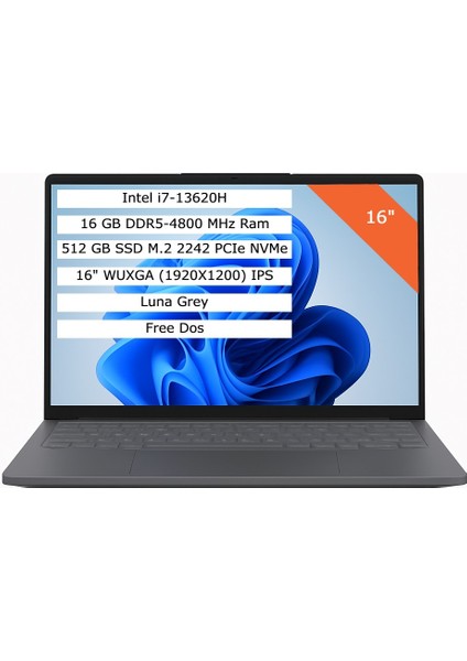 Ideapad Slim 3 Intel Core I7 13620H 16GB 512GB SSD 16" Wuxga (1920X1200) IPS Panel Freedos Taşınabilir Bilgisayar 83K2001WTR