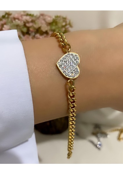 Çelik Zirkon Taşlı Kalp Bileklik Gold