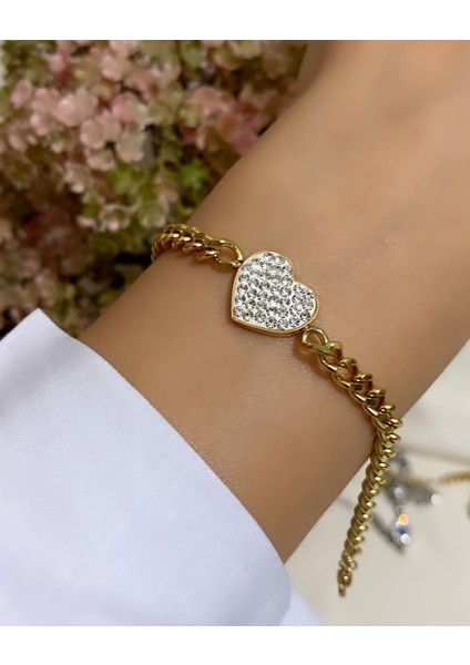 Çelik Zirkon Taşlı Kalp Bileklik Gold fiyatları