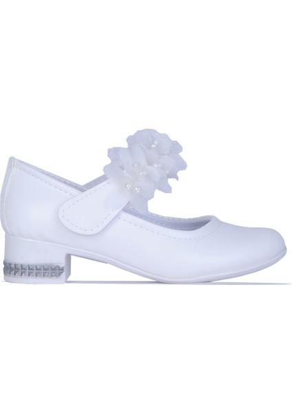 26-Herbebe Fırfırlı Beyaz 3cm Kız Çocuk Topuklu Ayakkabı