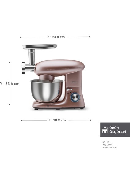 Multichef Stand Mikser Rosegold 1900W 5,5 Lt (Kıyma Çekme /Sucuk-Sosis/İçli Köfte Aparatlı)