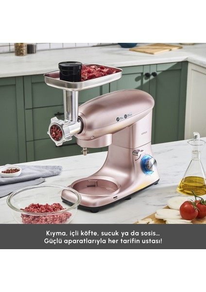 Multichef Stand Mikser Rosegold 1900W 5,5 Lt (Kıyma Çekme /Sucuk-Sosis/İçli Köfte Aparatlı)