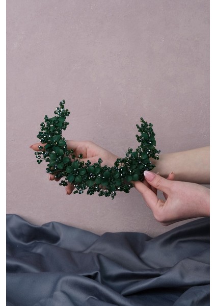 Yeşil Nida Çiçek Mineli Gelin Tacı Saç ve Türban Aksesuarı modelleri