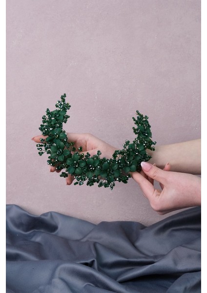 Yeşil Nida Çiçek Mineli Gelin Tacı Saç ve Türban Aksesuarı fırsatları