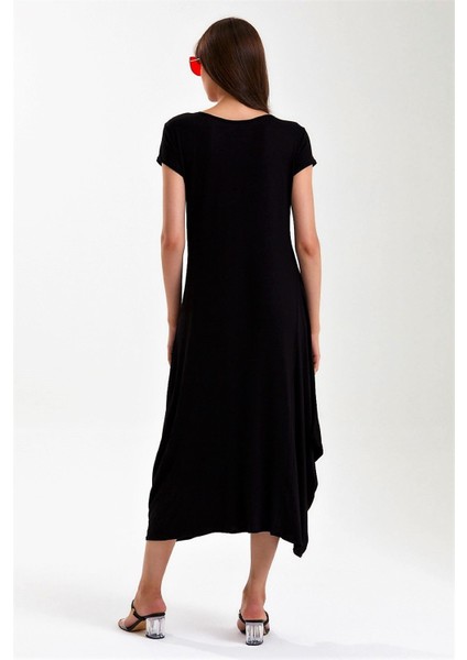 Kadın Siyah Yuvarlak Yaka Kısa Kollu Ağaç Nakışlı Püsküllü Uzun Elbise fırsatları