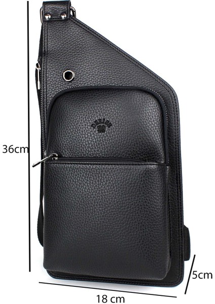 Erkek Siyah Kulaklık Çıkışlı Çapraz Askılı Omuz Çanta Göğüs Body Bag Çanta