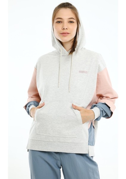Oversize Kadın Kapşonlu Uzun Kol Ekru Melanj Sweatshirt 20467