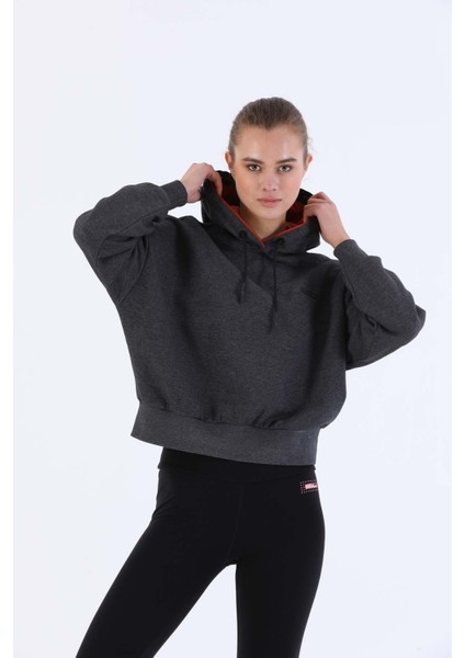 Oversize Kadın Kapşonlu Uzun Kol Siyah Melanj Sweatshirt 20335