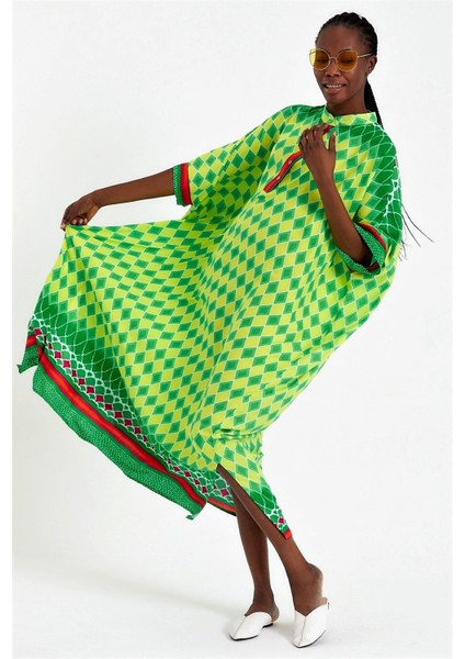 Kadın Yeşil Hakim Yaka Baklava Desen Oversize Uzun Elbise fiyatları