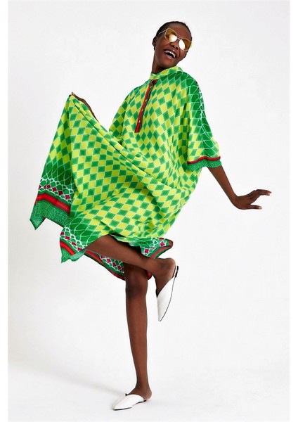 Kadın Yeşil Hakim Yaka Baklava Desen Oversize Uzun Elbise modelleri