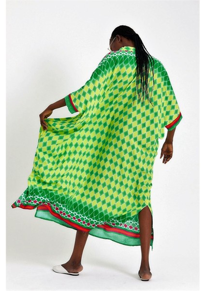 Kadın Yeşil Hakim Yaka Baklava Desen Oversize Uzun Elbise fırsatları