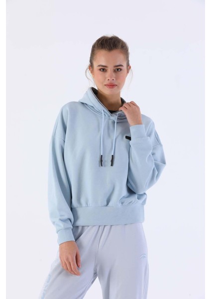 Oversize Kadın Kapşonlu Uzun Kol Sisli Mavi Sweatshirt 20335