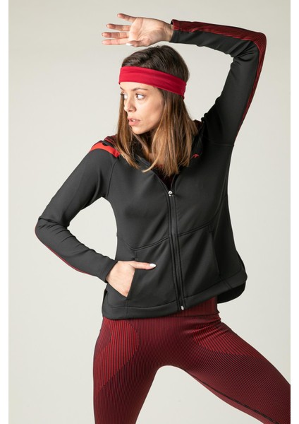 SlimFit Kadın Kapşonlu Uzun Kol Siyah Tracktop 815015