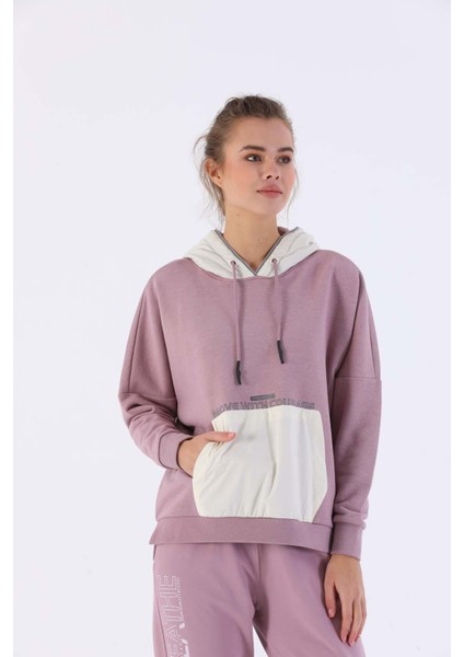 Oversize Kadın Kapşonlu Uzun Kol Koyu Lila Sweatshirt 20353