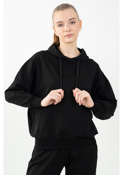 Oversize Kadın Kapüşonlu Siyah Sweatshirt