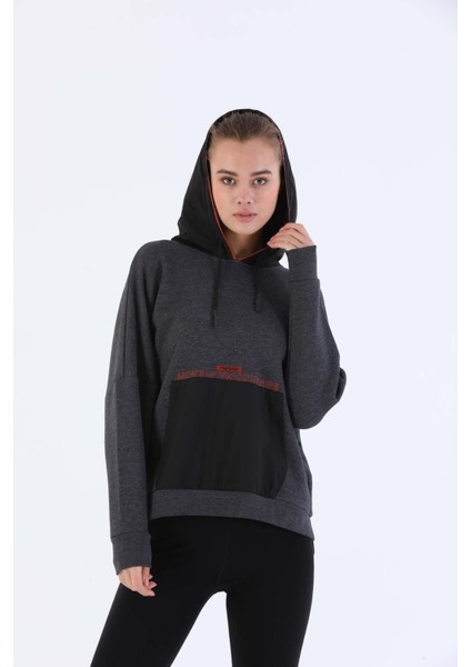 Oversize Kadın Kapşonlu Uzun Kol Siyahmelanj Sweatshirt 20353